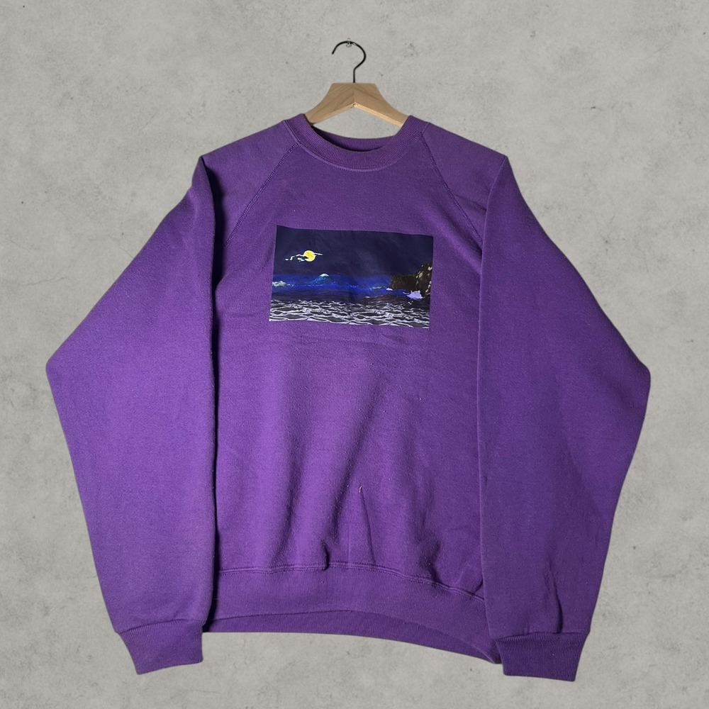 Purple Graphic Crewneck Sweatshirt Moonlit Ocean Waves Raglan Pullover
